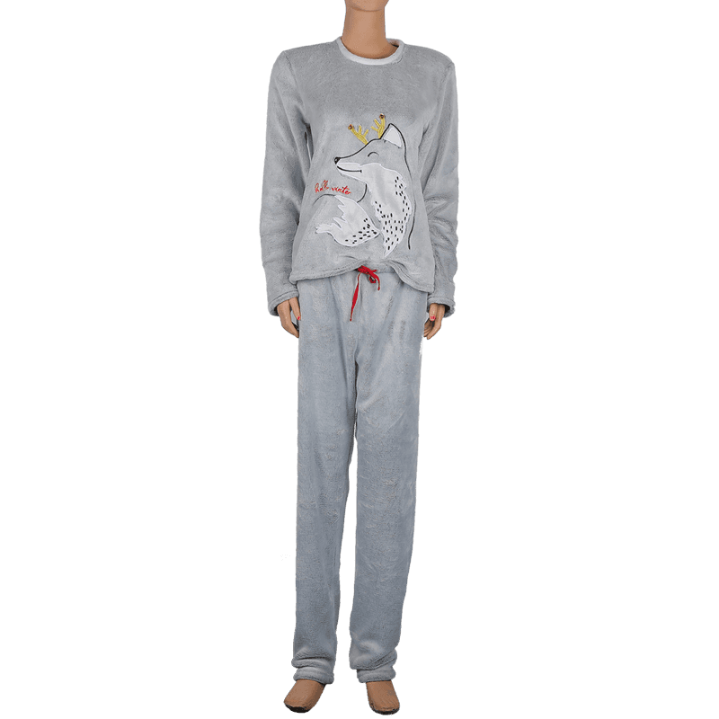 Women's embroidered collarless back printed flannel pajama suit