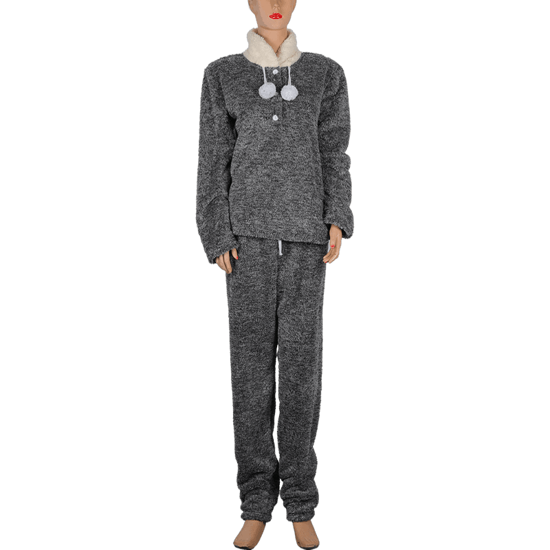 Women's AB YARN cationic high neck pajama suit with wool ball decoration