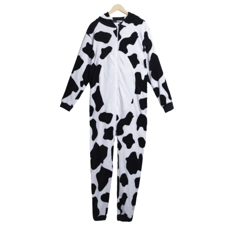 Adult women's cow shaped coral velvet black and white jumpsuit