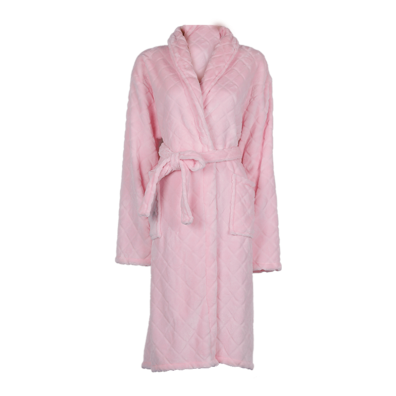 Women's plain coral velvet zipper mid length collarless bathrobe, also known as GOWN